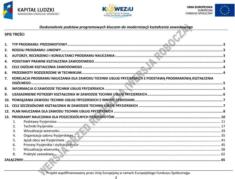 INFORMAJA O ZAWODZIE TEHNIK USŁUG FRYZJERSKIH... 5 9. UZASADNIENIE OTRZEBY KSZTAŁENIA W ZAWODZIE TEHNIK USŁUG FRYZJERSKIH... 6 10. OWIĄZANIA ZAWODU TEHNIK USŁUG FRYZJERSKIH Z INNYMI ZAWODAMI... 7 11.