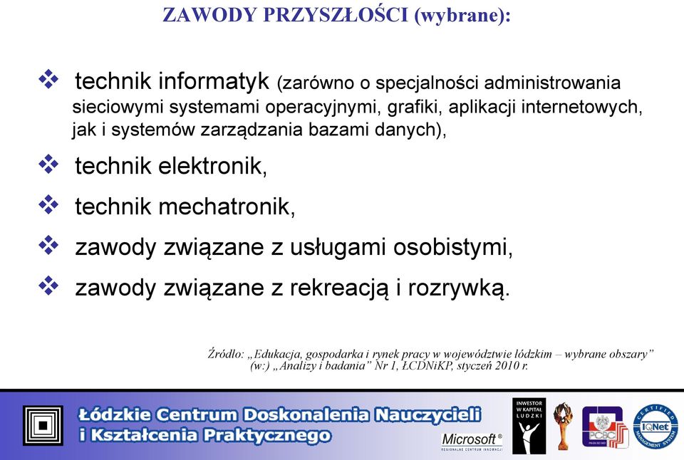 technik mechatronik, zawody związane z usługami osobistymi, zawody związane z rekreacją i rozrywką.