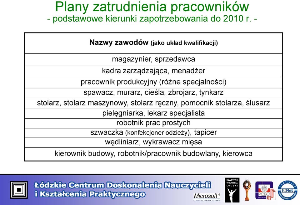 specjalności) spawacz, murarz, cieśla, zbrojarz, tynkarz stolarz, stolarz maszynowy, stolarz ręczny, pomocnik stolarza, ślusarz