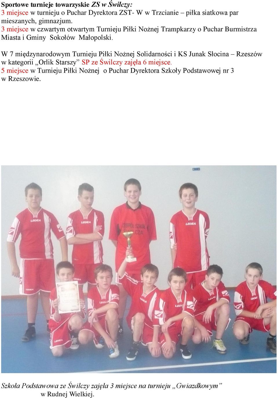 W 7 międzynarodowym Turnieju Piłki Nożnej Solidarności i KS Junak Słocina Rzeszów w kategorii Orlik Starszy SP ze Świlczy zajęła 6 miejsce.