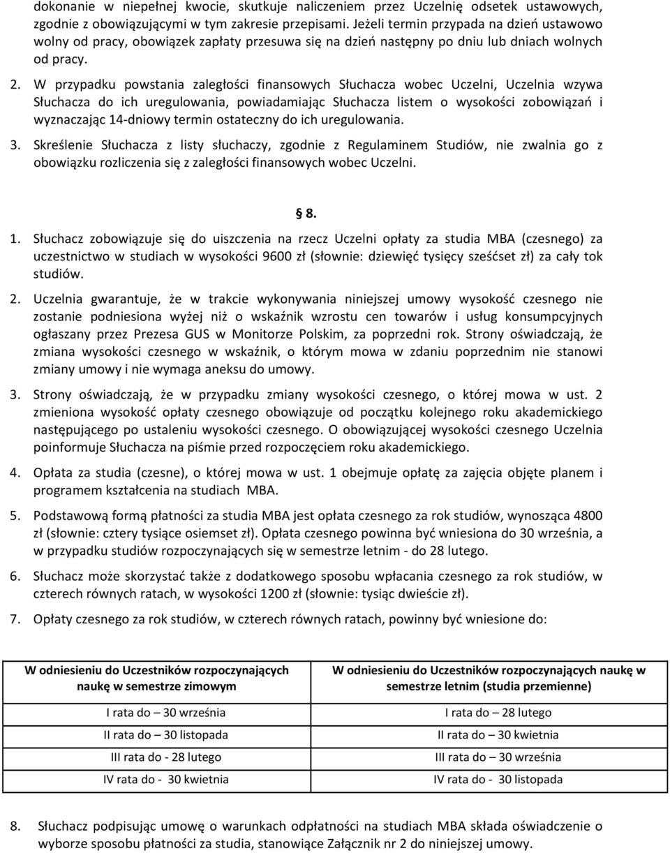 W przypadku powstania zaległości finansowych Słuchacza wobec Uczelni, Uczelnia wzywa Słuchacza do ich uregulowania, powiadamiając Słuchacza listem o wysokości zobowiązań i wyznaczając 14-dniowy