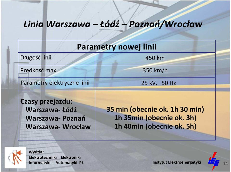 przejazdu: Warszawa- Łódź Warszawa- Poznań Warszawa- Wrocław 25 kv, 50 Hz