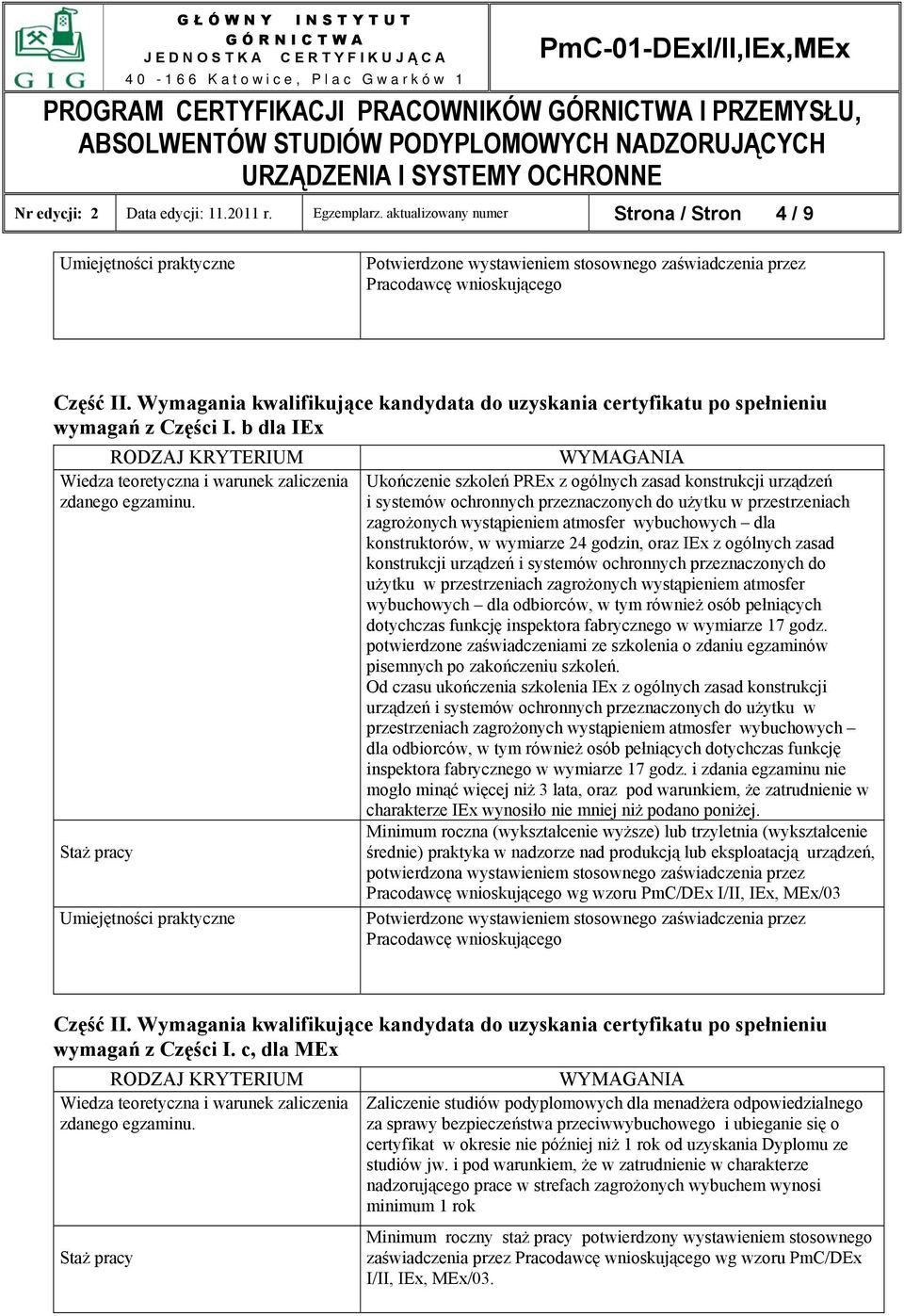 Staż pracy Ukończenie szkoleń PREx z ogólnych zasad konstrukcji urządzeń i systemów ochronnych przeznaczonych do użytku w przestrzeniach zagrożonych wystąpieniem atmosfer wybuchowych dla