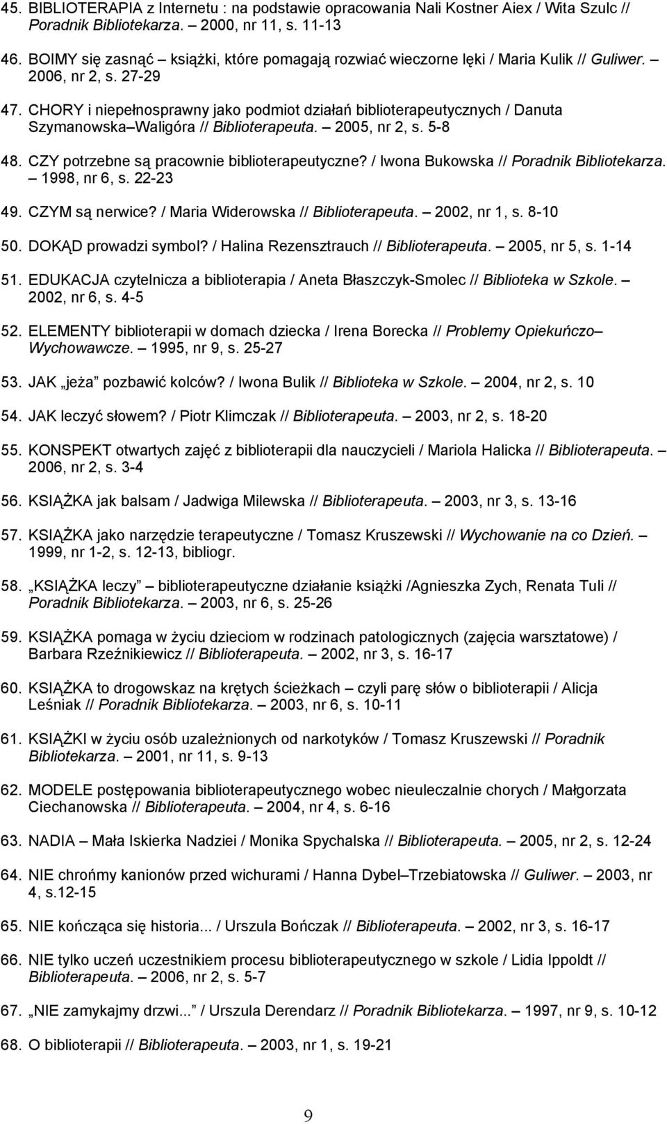 CHORY i niepełnosprawny jako podmiot działań biblioterapeutycznych / Danuta Szymanowska Waligóra // Biblioterapeuta. 2005, nr 2, s. 5-8 48. CZY potrzebne są pracownie biblioterapeutyczne?
