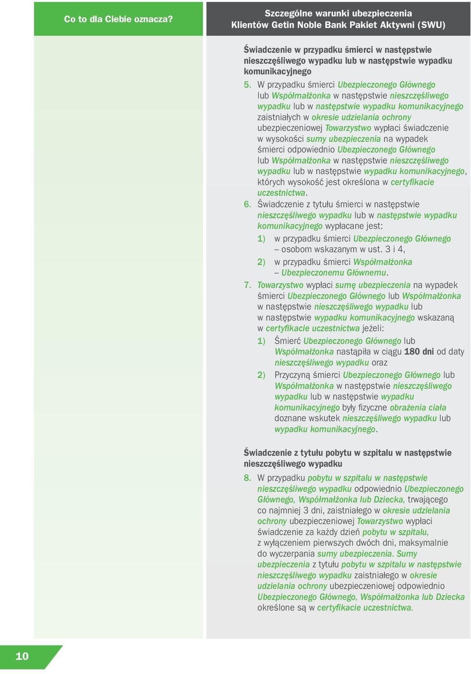 wypłaci świadczenie w wysokości sumy ubezpieczenia na wypadek śmierci odpowiednio Ubezpieczonego Głównego lub Współmałżonka w następstwie nieszczęśliwego lub w następstwie komunikacyjnego, których