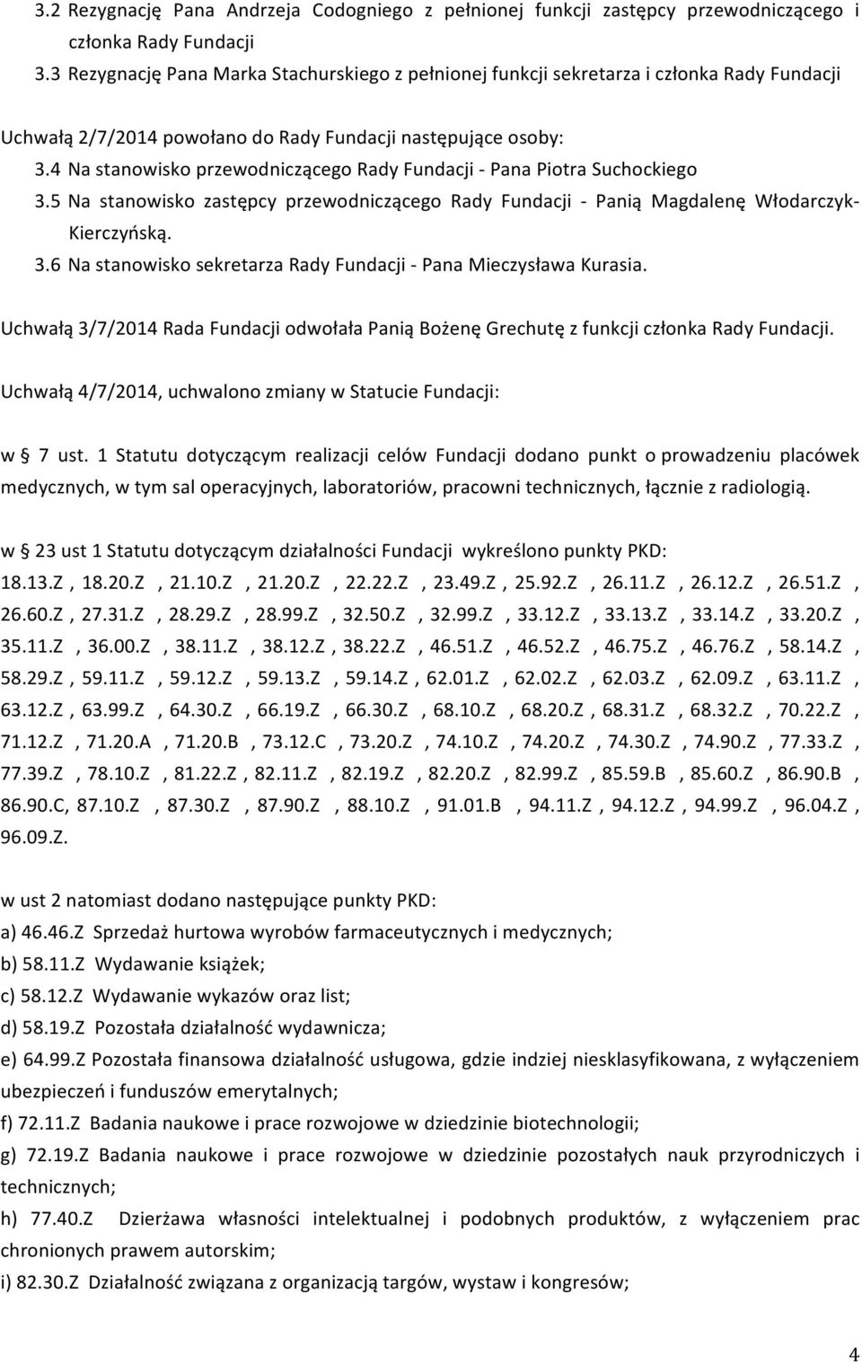 4 Na stanowisko przewodniczącego Rady Fundacji - Pana Piotra Suchockiego 3.5 Na stanowisko zastępcy przewodniczącego Rady Fundacji - Panią Magdalenę Włodarczyk- Kierczyńską. 3.6 Na stanowisko sekretarza Rady Fundacji - Pana Mieczysława Kurasia.