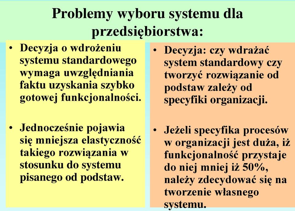 przedsiębiorstwa: Decyzja: czy wdrażać system standardowy czy tworzyć rozwiązanie od podstaw zależy od specyfiki organizacji.