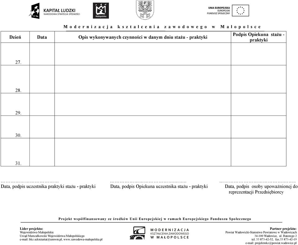 ...... Data, podpis uczestnika stażu - Data, podpis