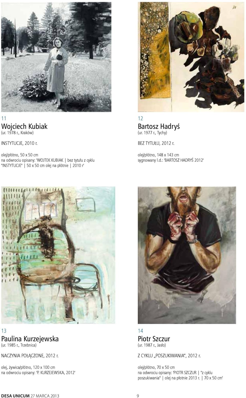 , Tychy) Bez tytułu, 2012 r. olej/płótno, 148 x 143 cm sygnowany l.d.: 'BARTOSZ HADRYŚ 2012' 13 Paulina Kurzejewska (ur. 1985 r., Trzebnica) Naczynia połączone, 2012 r.