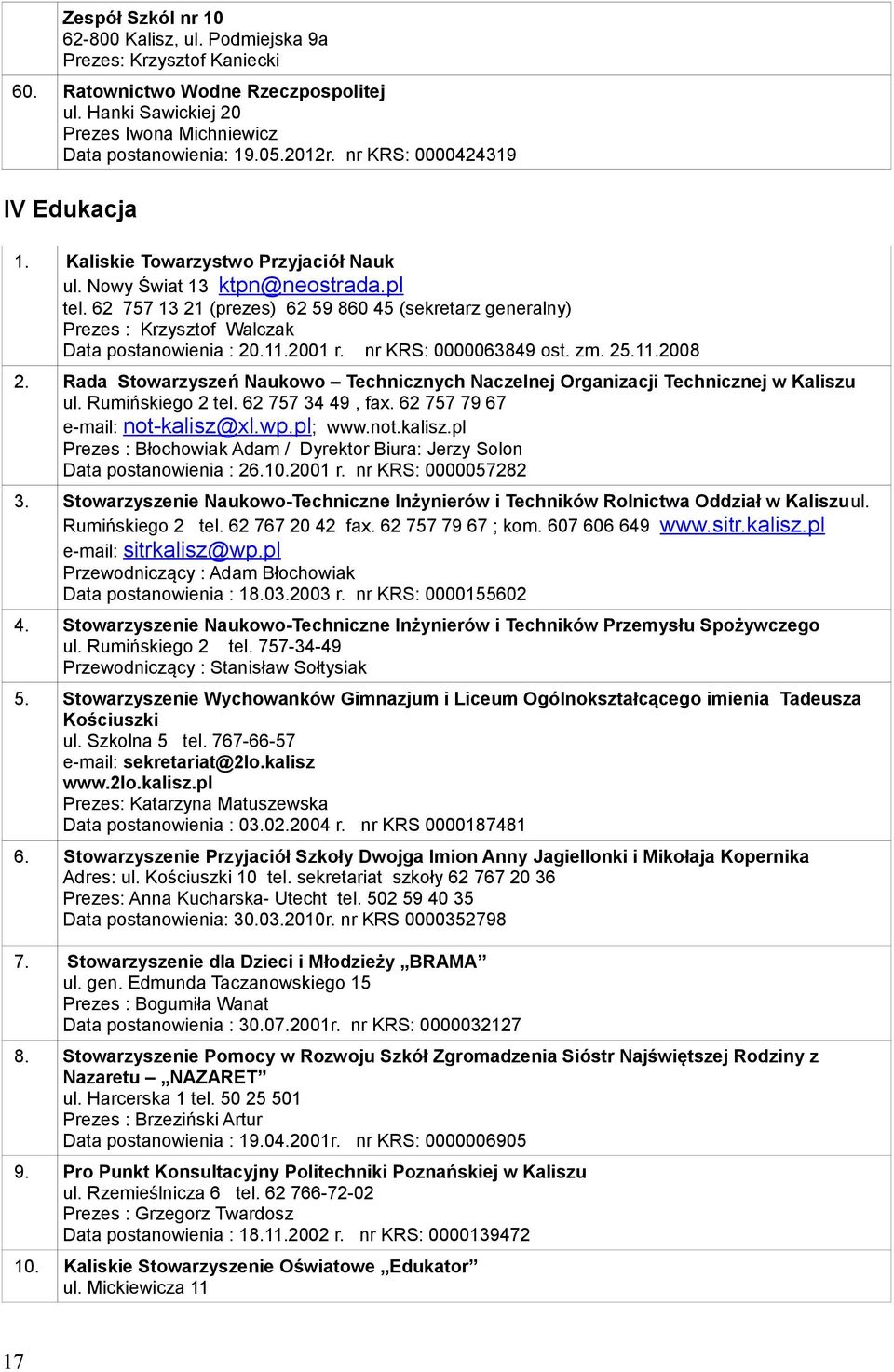 62 757 13 21 (prezes) 62 59 860 45 (sekretarz generalny) Prezes : Krzysztof Walczak Data postanowienia : 20.11.2001 r. nr KRS: 0000063849 ost. zm. 25.11.2008 2.