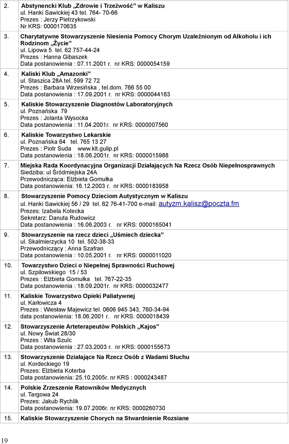 nr KRS: 0000054159 4. Kaliski Klub Amazonki ul. Staszica 28A tel. 599 72 72 Prezes : Barbara Wrzesińska, tel.dom. 766 55 00 Data postanowienia : 17.09.2001 r. nr KRS: 0000044163 5.