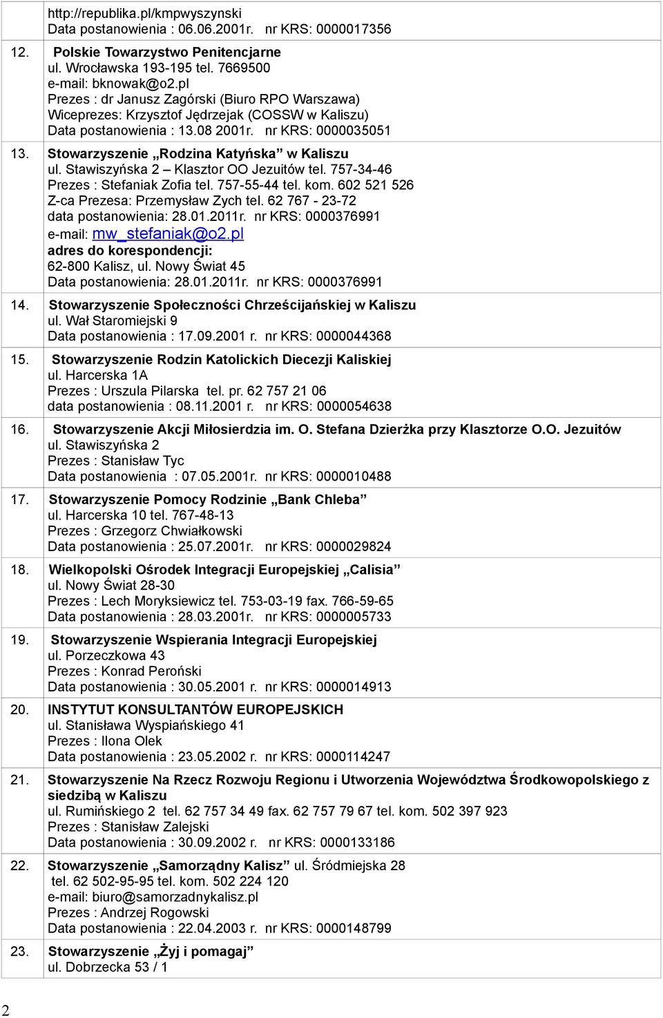 Stowarzyszenie Rodzina Katyńska w Kaliszu ul. Stawiszyńska 2 Klasztor OO Jezuitów tel. 757-34-46 Prezes : Stefaniak Zofia tel. 757-55-44 tel. kom. 602 521 526 Z-ca Prezesa: Przemysław Zych tel.