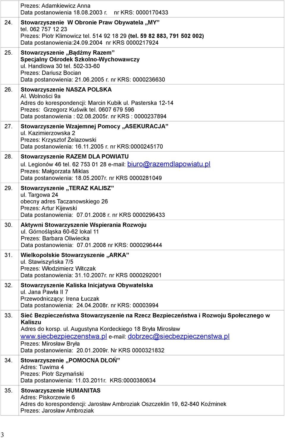 502-33-60 Prezes: Dariusz Bocian Data postanowienia: 21.06.2005 r. nr KRS: 0000236630 26. Stowarzyszenie NASZA POLSKA Al. Wolności 9a Adres do korespondencji: Marcin Kubik ul.