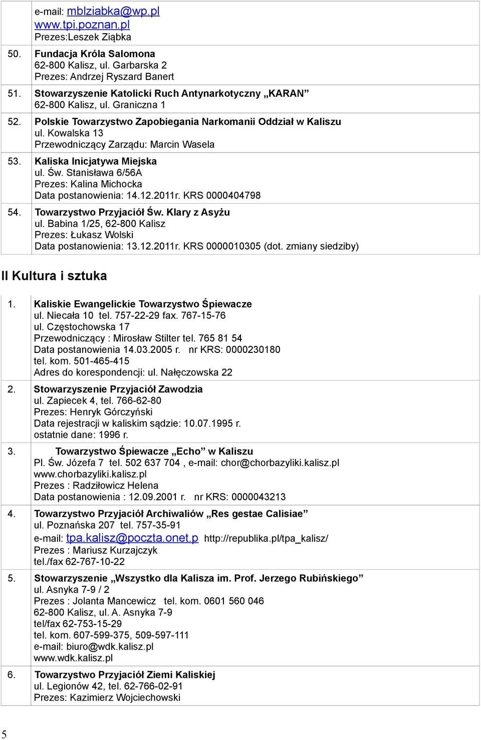 Kowalska 13 Przewodniczący Zarządu: Marcin Wasela 53. Kaliska Inicjatywa Miejska ul. Św. Stanisława 6/56A Prezes: Kalina Michocka Data postanowienia: 14.12.2011r. KRS 0000404798 54.