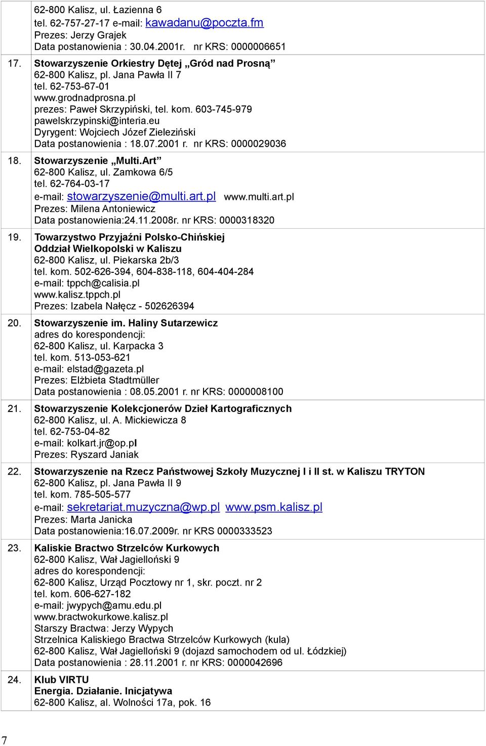 eu Dyrygent: Wojciech Józef Zieleziński Data postanowienia : 18.07.2001 r. nr KRS: 0000029036 18. Stowarzyszenie Multi.Art 62-800 Kalisz, ul. Zamkowa 6/5 tel.