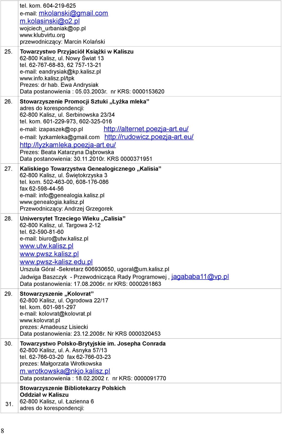 Ewa Andrysiak Data postanowienia : 05.03.2003r. nr KRS: 0000153620 26. Stowarzyszenie Promocji Sztuki Łyżka mleka adres do korespondencji: 62-800 Kalisz, ul. Serbinowska 23/34 tel. kom.