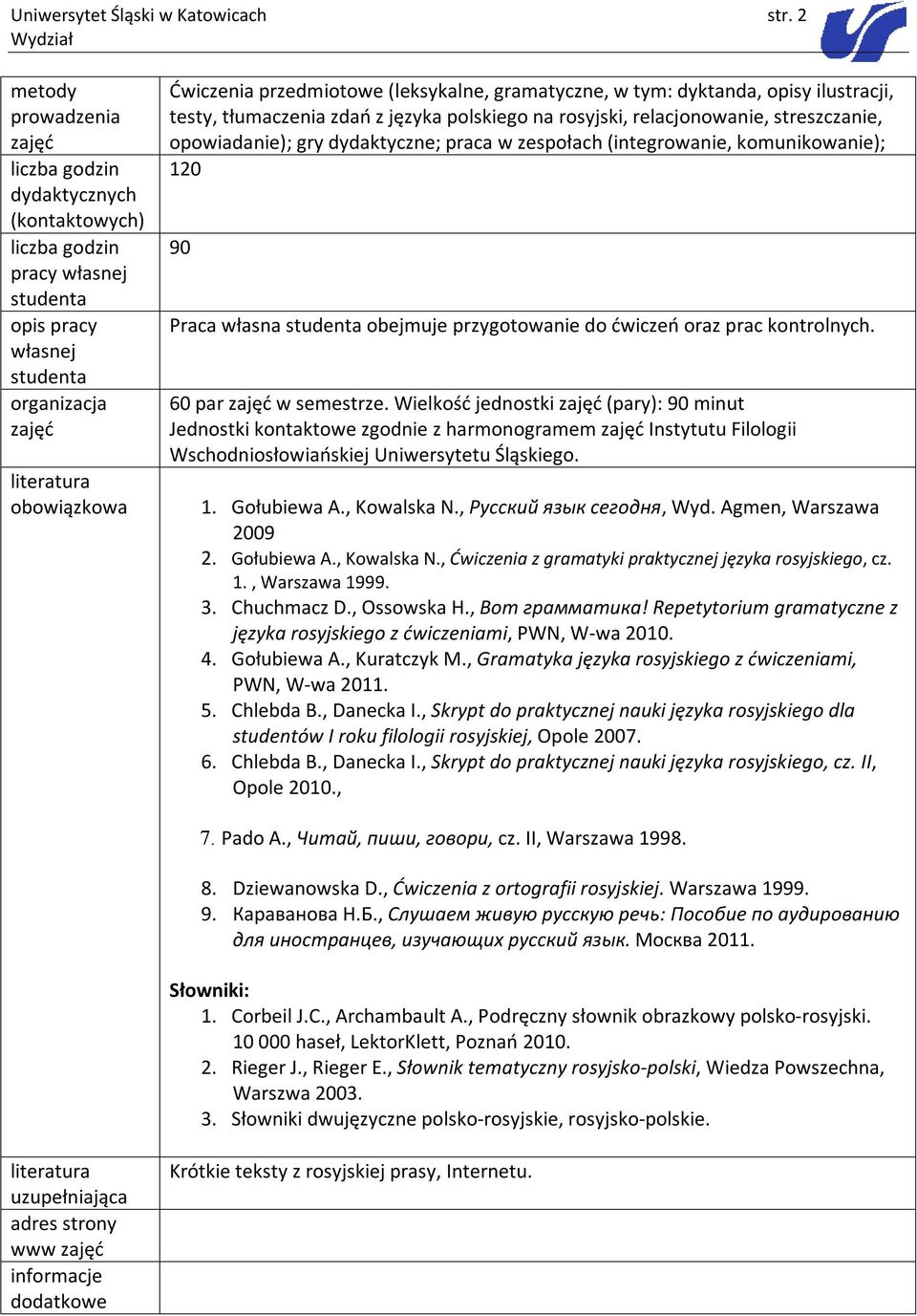 (leksykalne, gramatyczne, w tym: dyktanda, opisy ilustracji, testy, tłumaczenia zdań z języka polskiego na rosyjski, relacjonowanie, streszczanie, opowiadanie); gry dydaktyczne; praca w zespołach