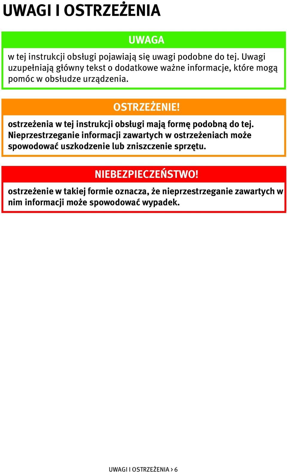 ostrzeżenia w tej instrukcji obsługi mają formę podobną do tej.