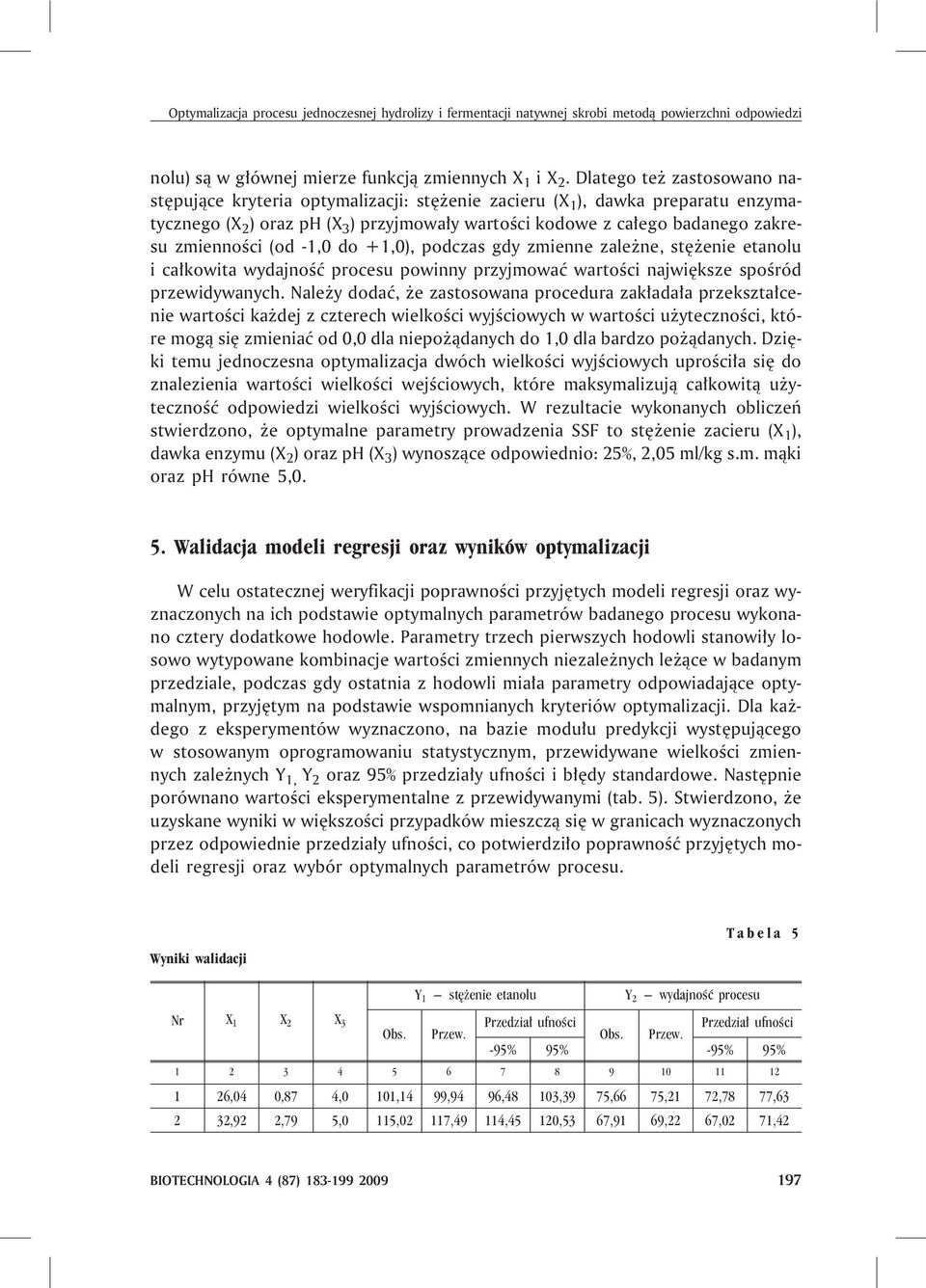 zmiennoœci (od -1,0 do +1,0), podczas gdy zmienne zale ne, stê enie etanolu i ca³kowita wydajnoœæ procesu powinny przyjmowaæ wartoœci najwiêksze spoœród przewidywanych.