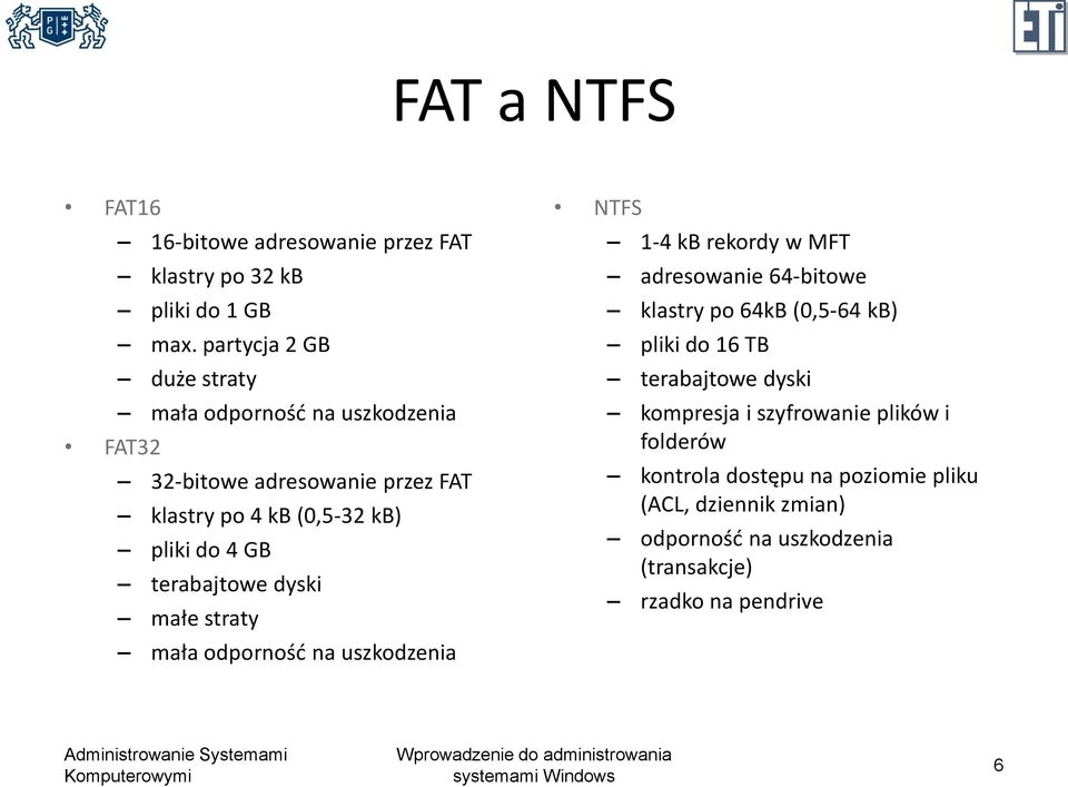 terabajtowe dyski małe straty mała odporność na uszkodzenia NTFS 1-4 kb rekordy w MFT adresowanie 64-bitowe klastry po 64kB (0,5-64 kb)