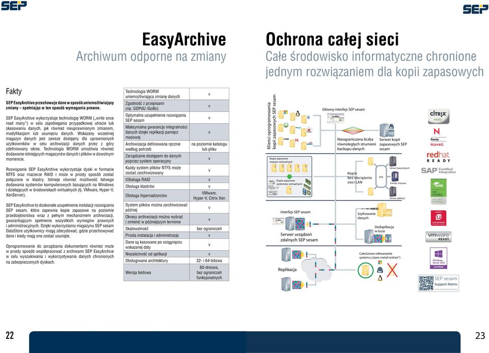 SEP EasyArchie wykorzystuje technologię WORM ( write once read many ) w celu zapobiegania przypadkowej utracie lub skasowaniu danych, jak również nieuprawnionym zmianom, modyfikacjom lub usunięciu