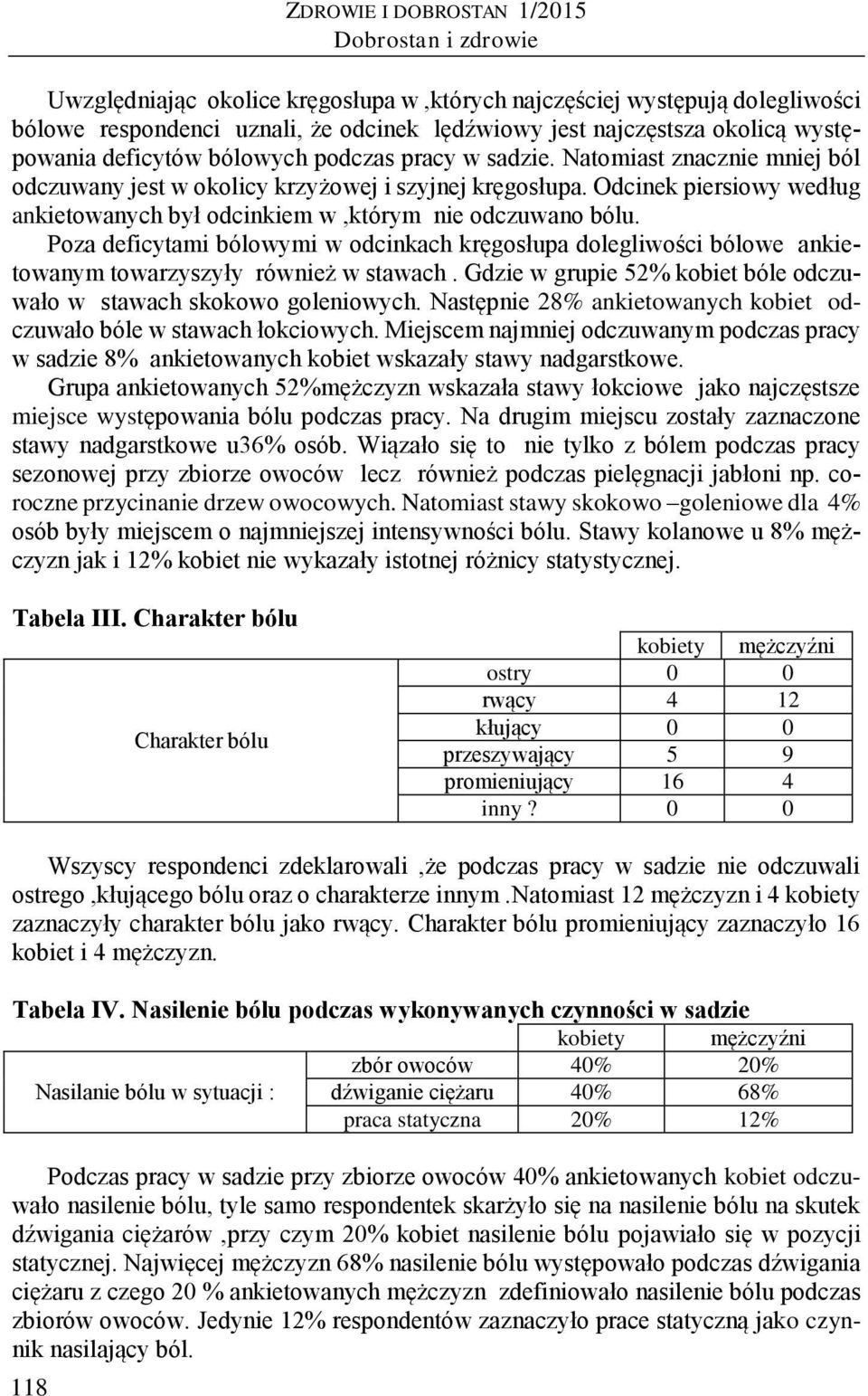 Odcinek piersiowy według ankietowanych był odcinkiem w,którym nie odczuwano bólu. Poza deficytami bólowymi w odcinkach kręgosłupa dolegliwości bólowe ankietowanym towarzyszyły również w stawach.