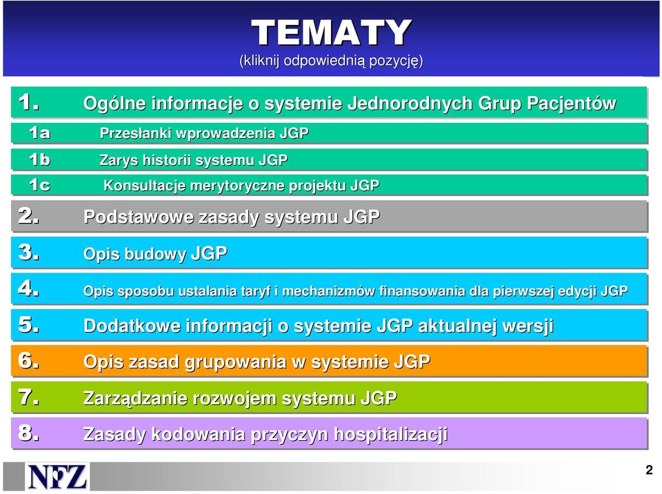 Przesłanki wprowadzenia JGP Zarys historii systemu JGP Konsultacje merytoryczne projektu JGP 3. Opis budowy JGP 4.