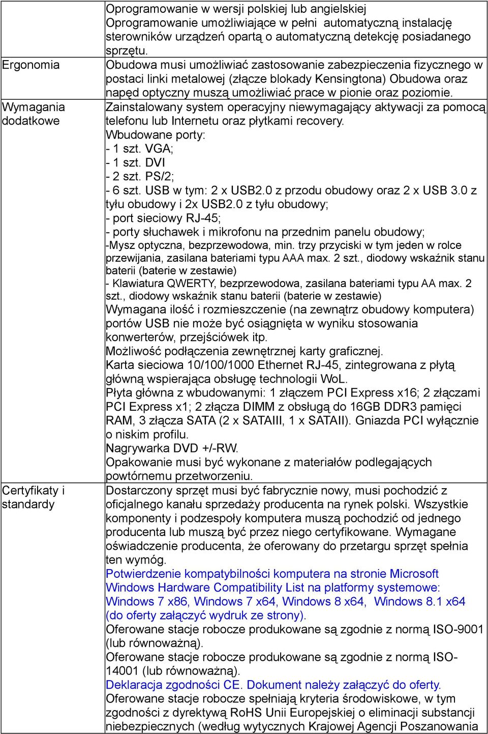 Obudowa musi umożliwiać zastosowanie zabezpieczenia fizycznego w postaci linki metalowej (złącze blokady Kensingtona) Obudowa oraz napęd optyczny muszą umożliwiać prace w pionie oraz poziomie.