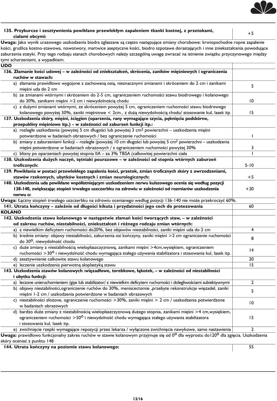 Przy tego rodzaju stanach chorobowych należy szczególną uwagę zwracać na istnienie związku przyczynowego między tymi schorzeniami, a wypadkiem. UDO 136.