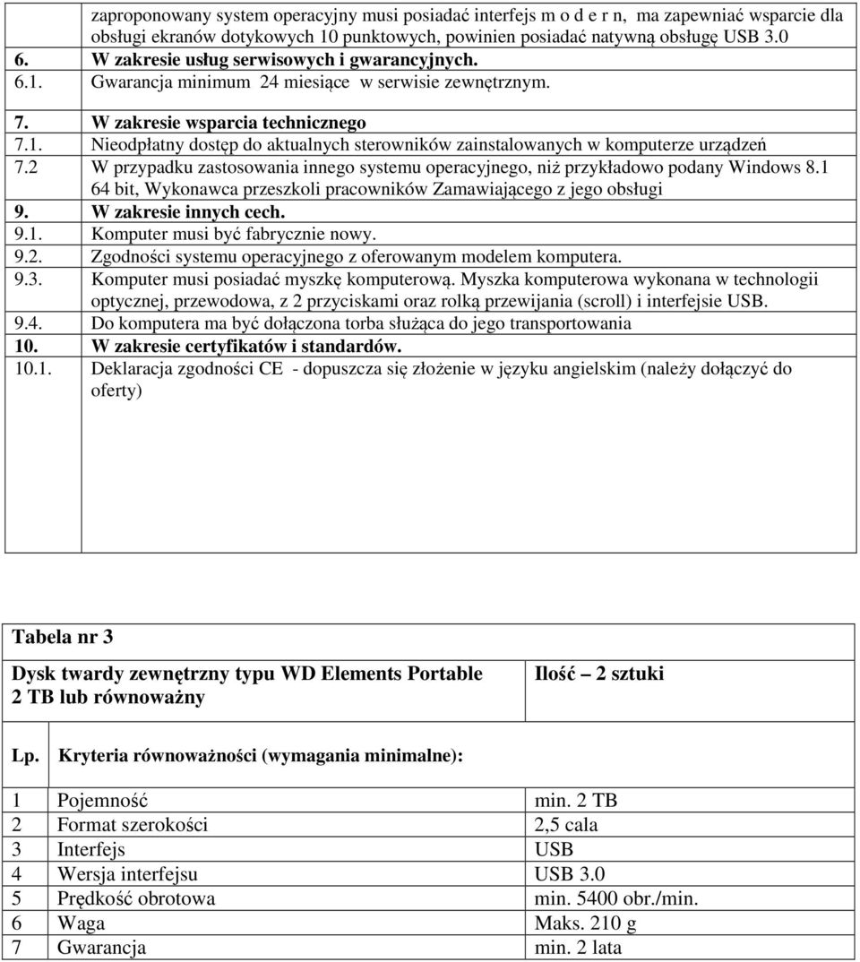 2 W przypadku zastosowania innego systemu operacyjnego, niż przykładowo podany Windows 8.1 64 bit, Wykonawca przeszkoli pracowników Zamawiającego z jego obsługi 9. W zakresie innych cech. 9.1. Komputer musi być fabrycznie nowy.