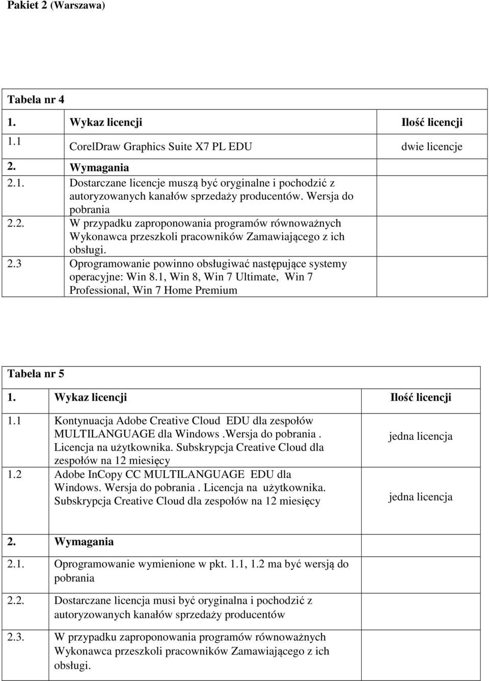 1, Win 8, Win 7 Ultimate, Win 7 Professional, Win 7 Home Premium dwie licencje Tabela nr 5 1. Wykaz licencji Ilość licencji 1.