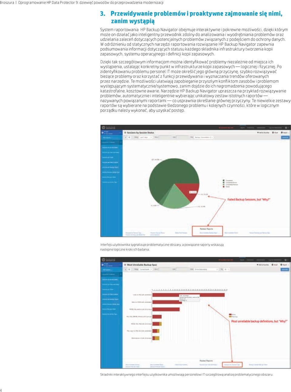 W odróżnieniu od statycznych narzędzi raportowania rozwiązanie HP Backup Navigator zapewnia podsumowania informacji dotyczących statusu każdego składnika infrastruktury tworzenia kopii zapasowych,