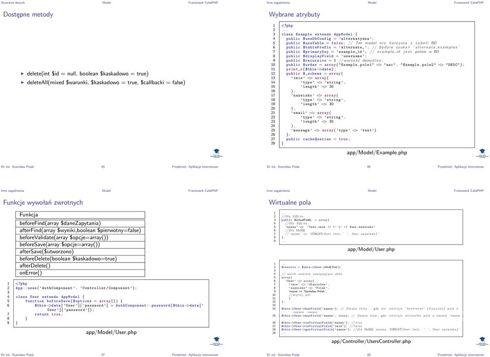 rna te ex ampl es 7 public $primarykey = example_id ; // example id j e s t polem w BD 8 public $displayfield = username ; 9 public $recursive = 1 // warto ś ć domyś lna ; 10 public $order = array (