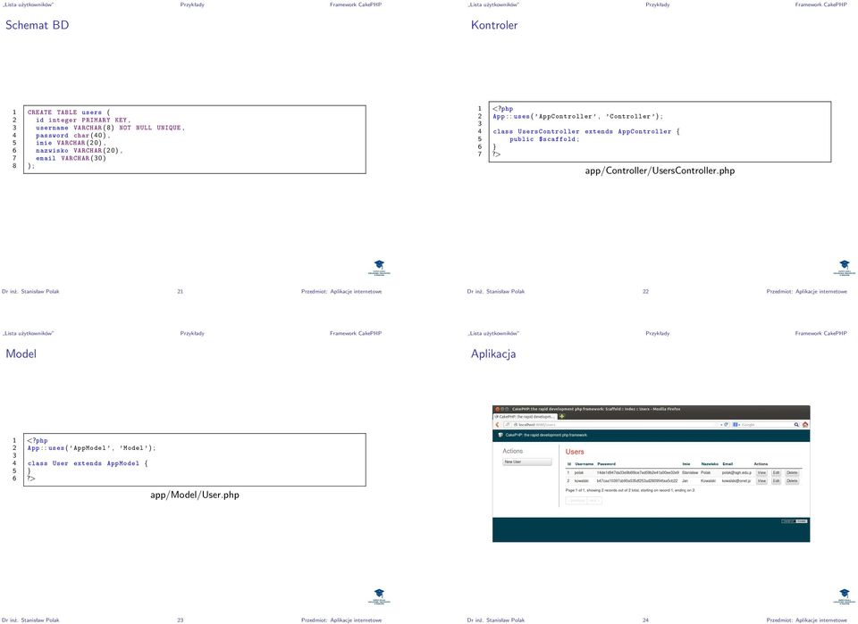 > app/controller/userscontroller.php Dr inż. Stanisław Polak 21 Przedmiot: Aplikacje internetowe Dr inż.