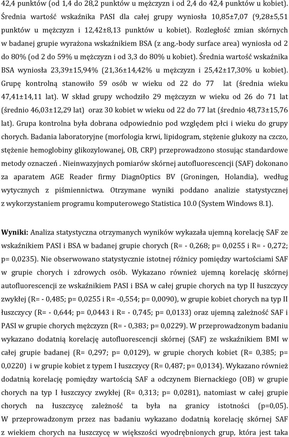 Rozległość zmian skórnych w badanej grupie wyrażona wskaźnikiem BSA (z ang.-body surface area) wyniosła od 2 do 80% (od 2 do 59% u mężczyzn i od 3,3 do 80% u kobiet).
