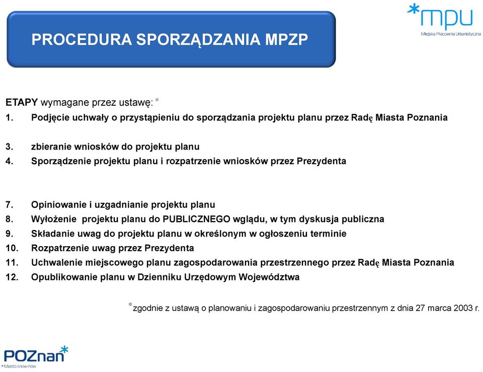 Opiniowanie i uzgadnianie projektu planu 8. Wyłożenie projektu planu do PUBLICZNEGO wglądu, w tym dyskusja publiczna 9. Składanie uwag do projektu planu w określonym w ogłoszeniu terminie 10.