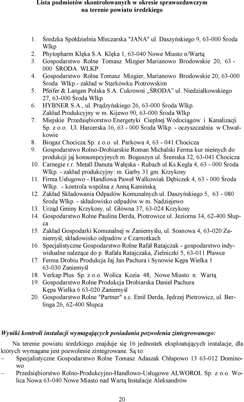 Pfeifer & Langen Polska S.A. Cukrowni ŚRODA ul. Niedziałkowskiego 27, 63-000 Środa Wlkp 6. HYBNER S.A., ul. Prądzyńskiego 26, 63-000 Środa Wlkp. Zakład Produkcyjny w m. Kijewo 90, 63-000 Środa Wlkp 7.