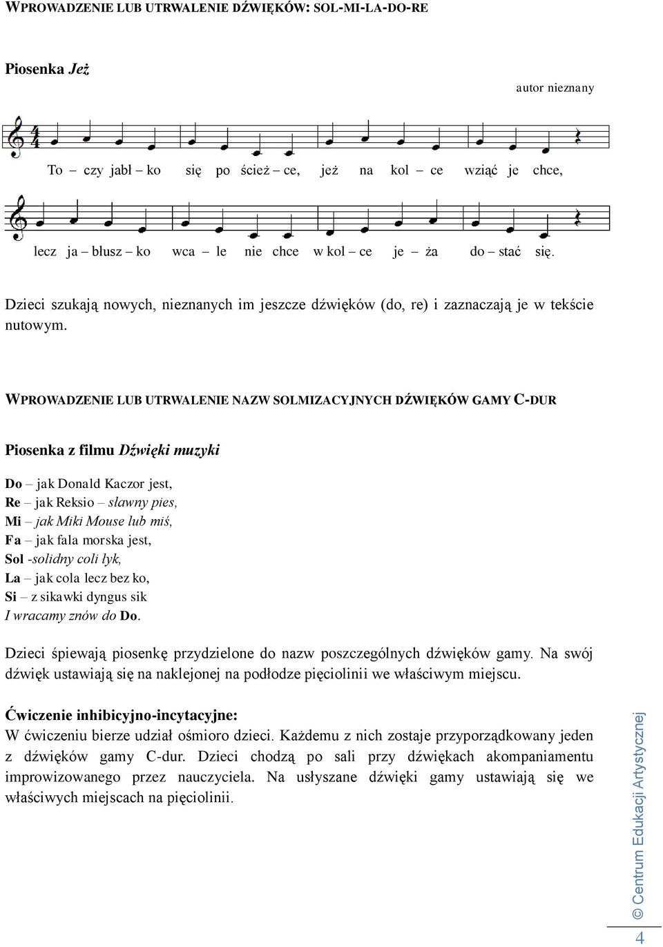 WPROWADZENIE LUB UTRWALENIE NAZW SOLMIZACYJNYCH DŹWIĘKÓW GAMY C-DUR Piosenka z filmu Dźwięki muzyki Do jak Donald Kaczor jest, Re jak Reksio sławny pies, Mi jak Miki Mouse lub miś, Fa jak fala morska