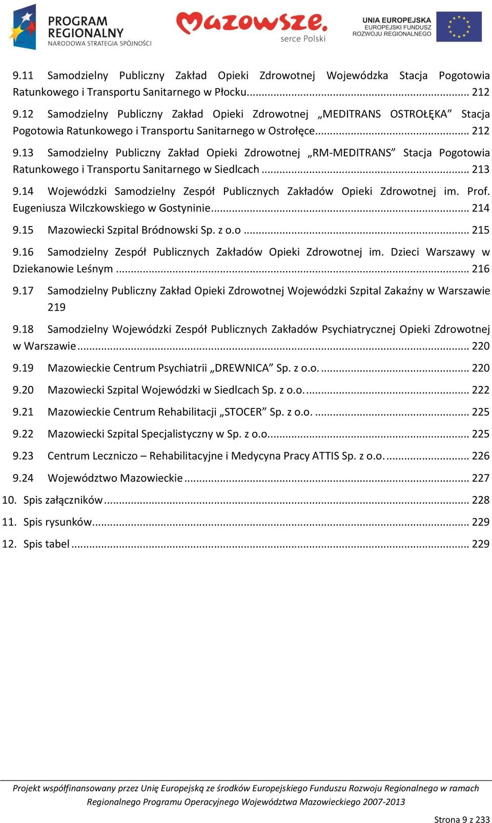 13 Samodzielny Publiczny Zakład Opieki Zdrowotnej RM-MEDITRANS Stacja Pogotowia Ratunkowego i Transportu Sanitarnego w Siedlcach... 213 9.