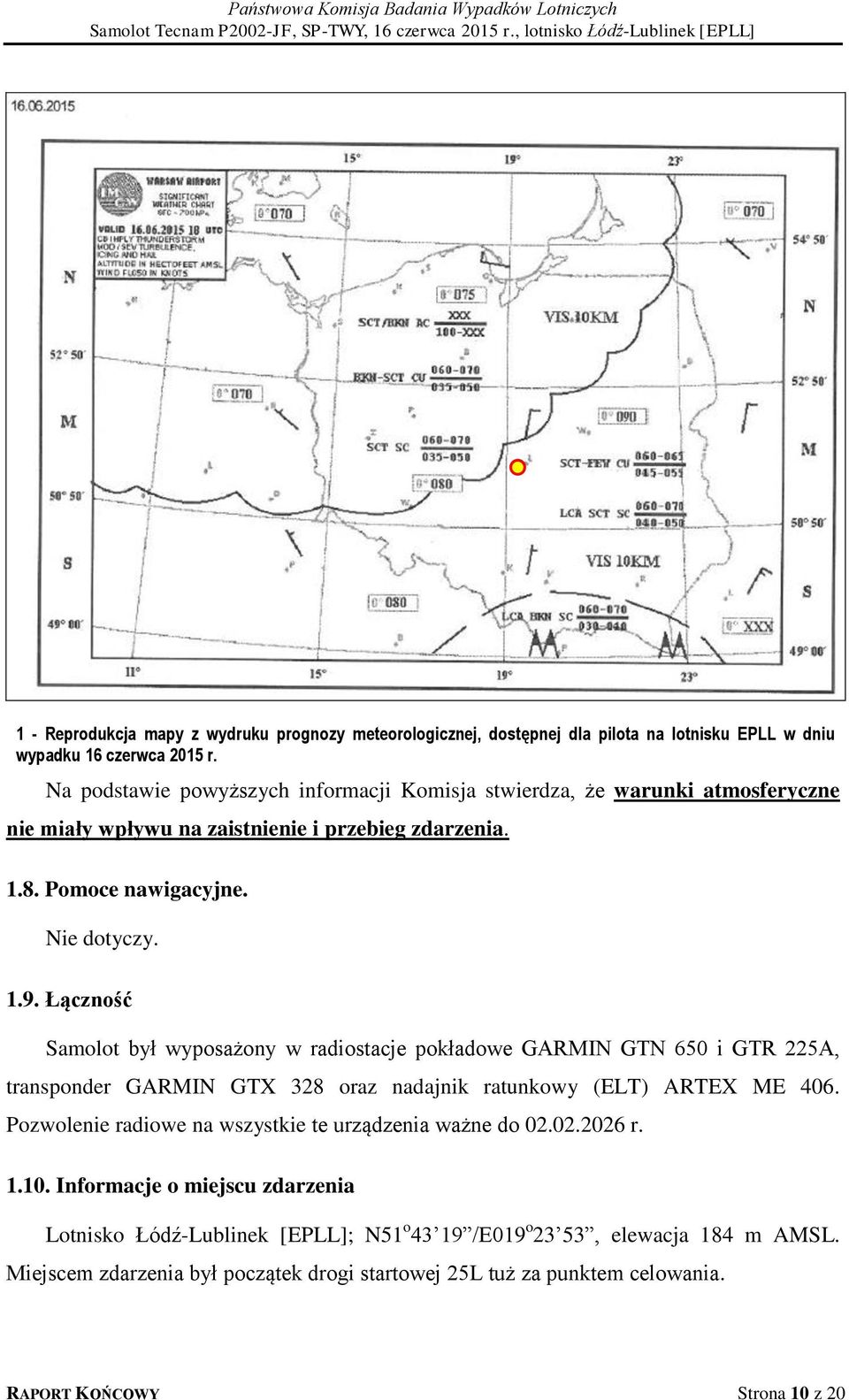 Łączność Samolot był wyposażony w radiostacje pokładowe GARMIN GTN 650 i GTR 225A, transponder GARMIN GTX 328 oraz nadajnik ratunkowy (ELT) ARTEX ME 406.