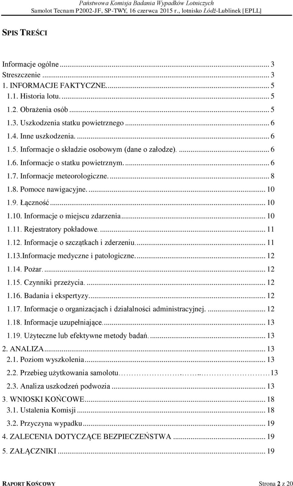 1.9. Łączność... 10 1.10. Informacje o miejscu zdarzenia... 10 1.11. Rejestratory pokładowe.... 11 1.12. Informacje o szczątkach i zderzeniu.... 11 1.13.Informacje medyczne i patologiczne.... 12 1.14.
