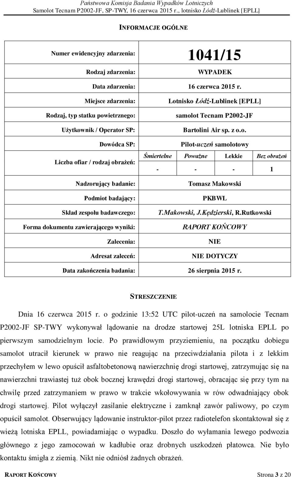 dokumentu zawierającego wyniki: Zalecenia: Adresat zaleceń: Lotnisko Łódź-Lublinek [EPLL] samolot Tecnam P2002-JF Bartolini Air sp. z o.o. Pilot-uczeń samolotowy Śmiertelne Poważne Lekkie Bez obrażeń - - - 1 Tomasz Makowski PKBWL T.