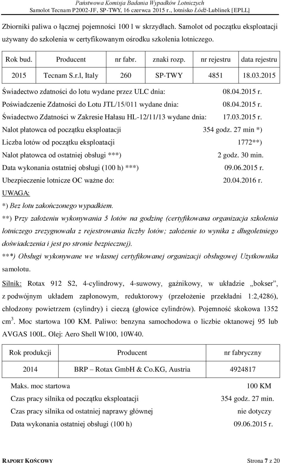 Poświadczenie Zdatności do Lotu JTL/15/011 wydane dnia: 08.04.2015 r. Świadectwo Zdatności w Zakresie Hałasu HL-12/11/13 wydane dnia: 17.03.2015 r. Nalot płatowca od początku eksploatacji 354 godz.