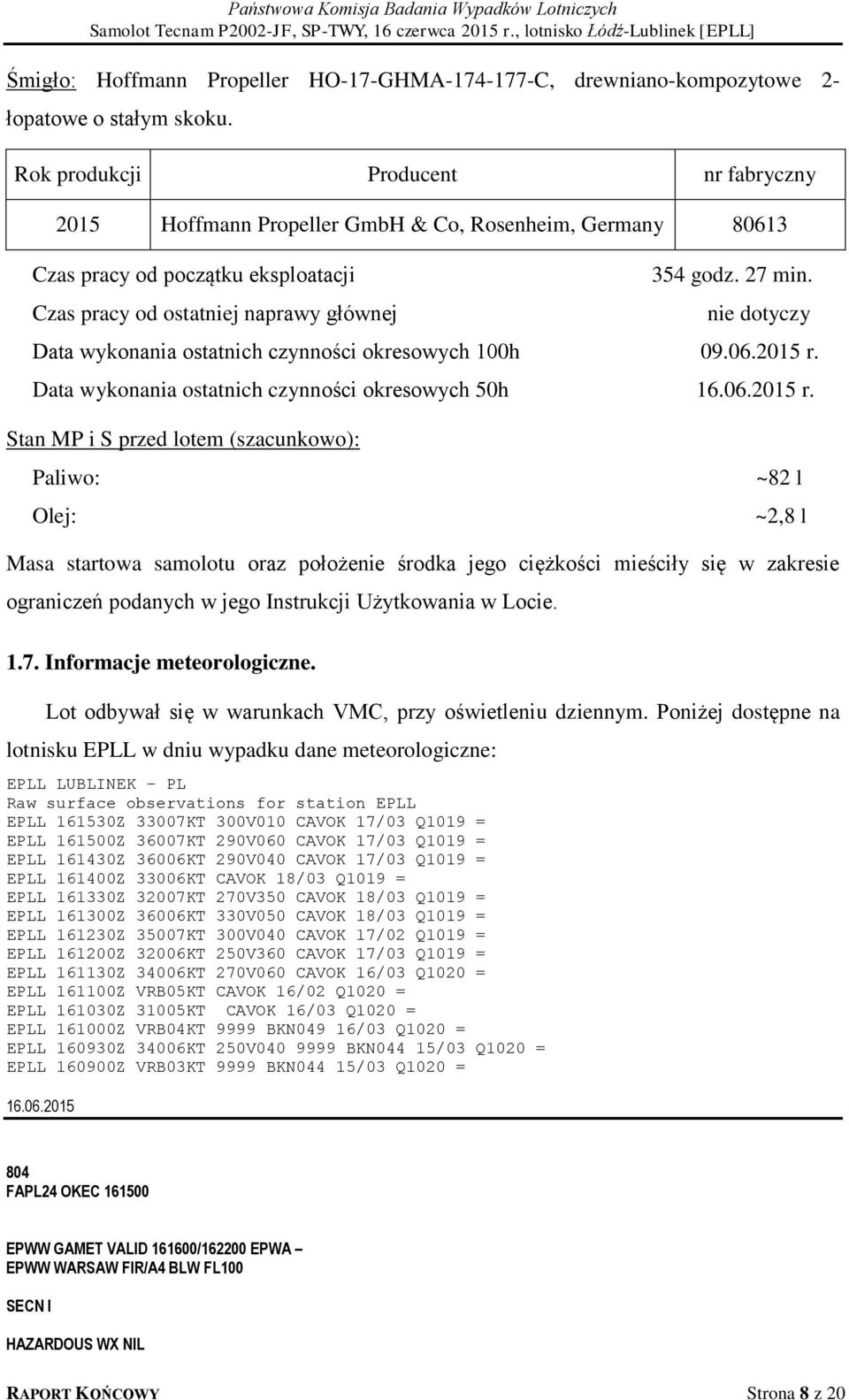 nie dotyczy Data wykonania ostatnich czynności okresowych 100h 09.06.2015 r.