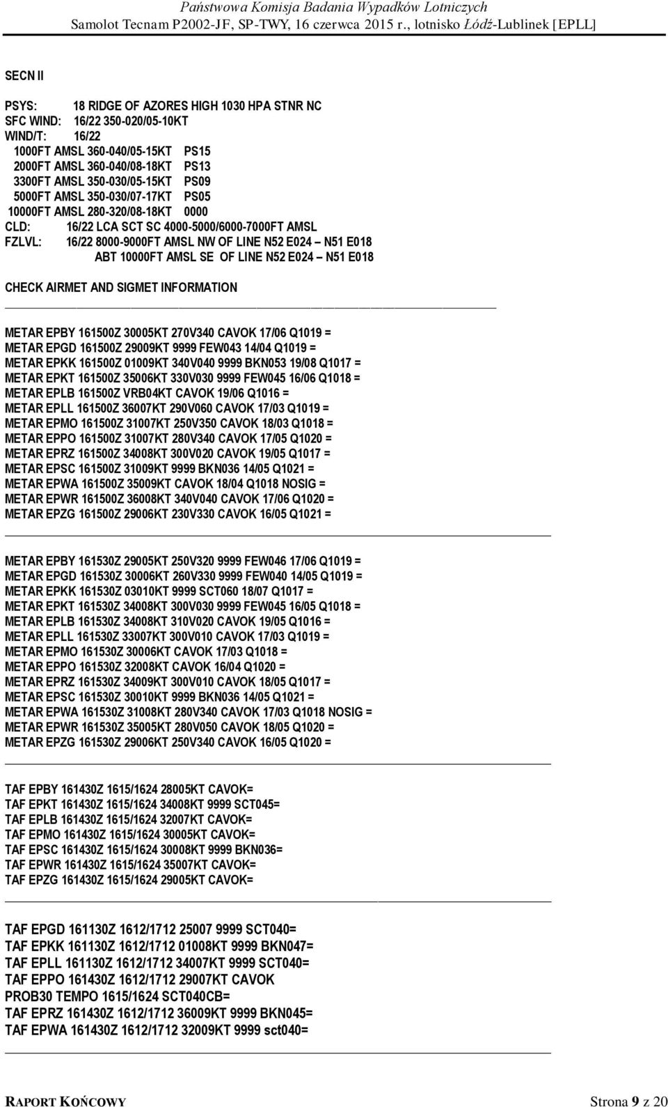 LINE N52 E024 N51 E018 CHECK AIRMET AND SIGMET INFORMATION METAR EPBY 161500Z 30005KT 270V340 CAVOK 17/06 Q1019 = METAR EPGD 161500Z 29009KT 9999 FEW043 14/04 Q1019 = METAR EPKK 161500Z 01009KT