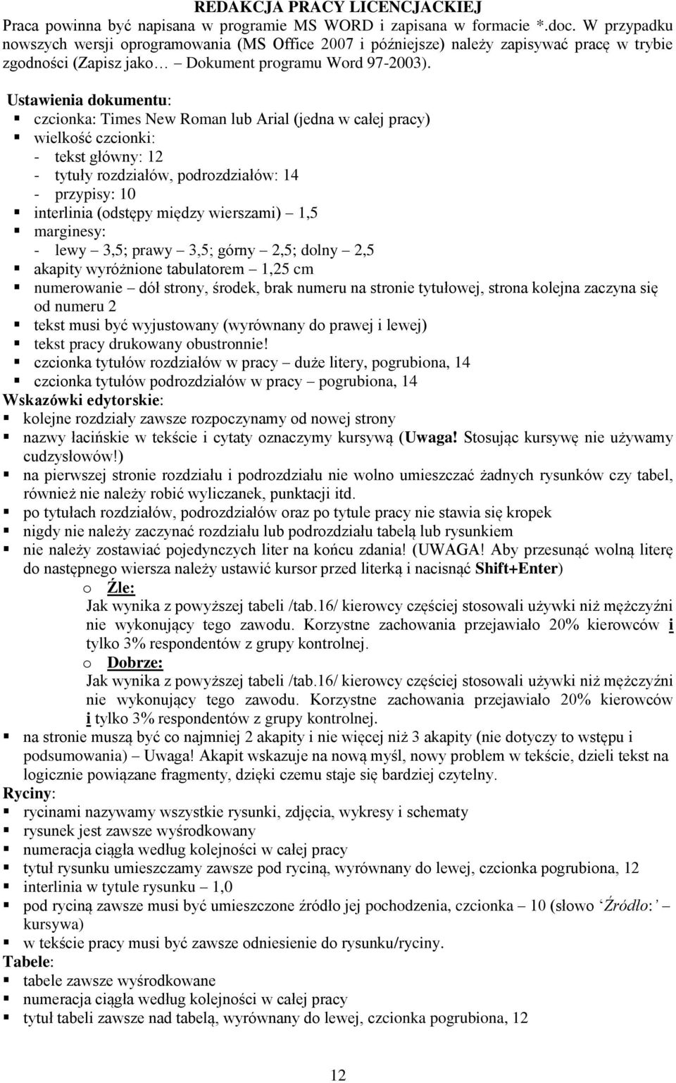 Ustawienia dokumentu: czcionka: Times New Roman lub Arial (jedna w całej pracy) wielkość czcionki: - tekst główny: 12 - tytuły rozdziałów, podrozdziałów: 14 - przypisy: 10 interlinia (odstępy między