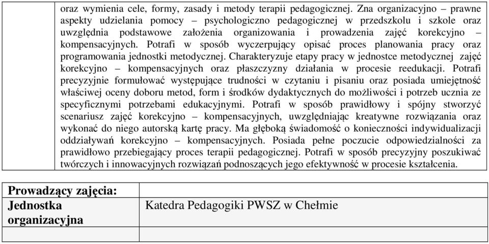 kompensacyjnych. Potrafi w sposób wyczerpujący opisać proces planowania pracy oraz programowania jednostki metodycznej.