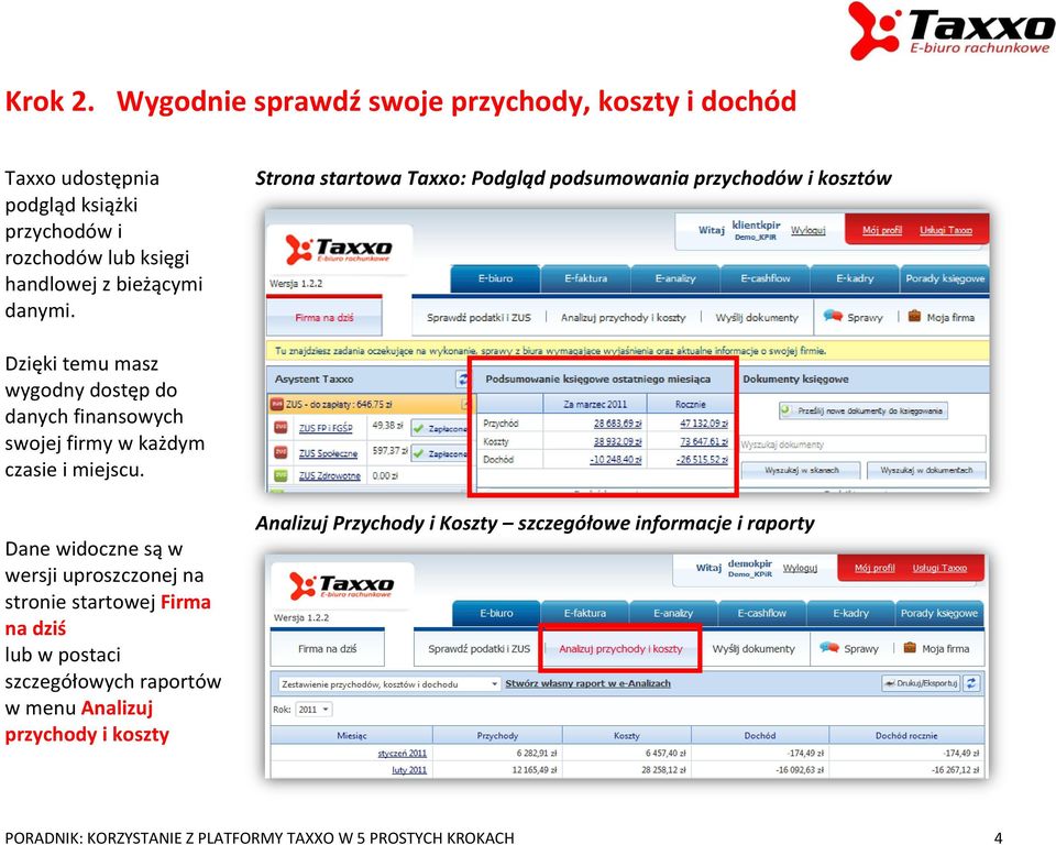 Strona startowa Taxxo: Podgląd podsumowania przychodów i kosztów Dzięki temu masz wygodny dostęp do danych finansowych swojej firmy w każdym