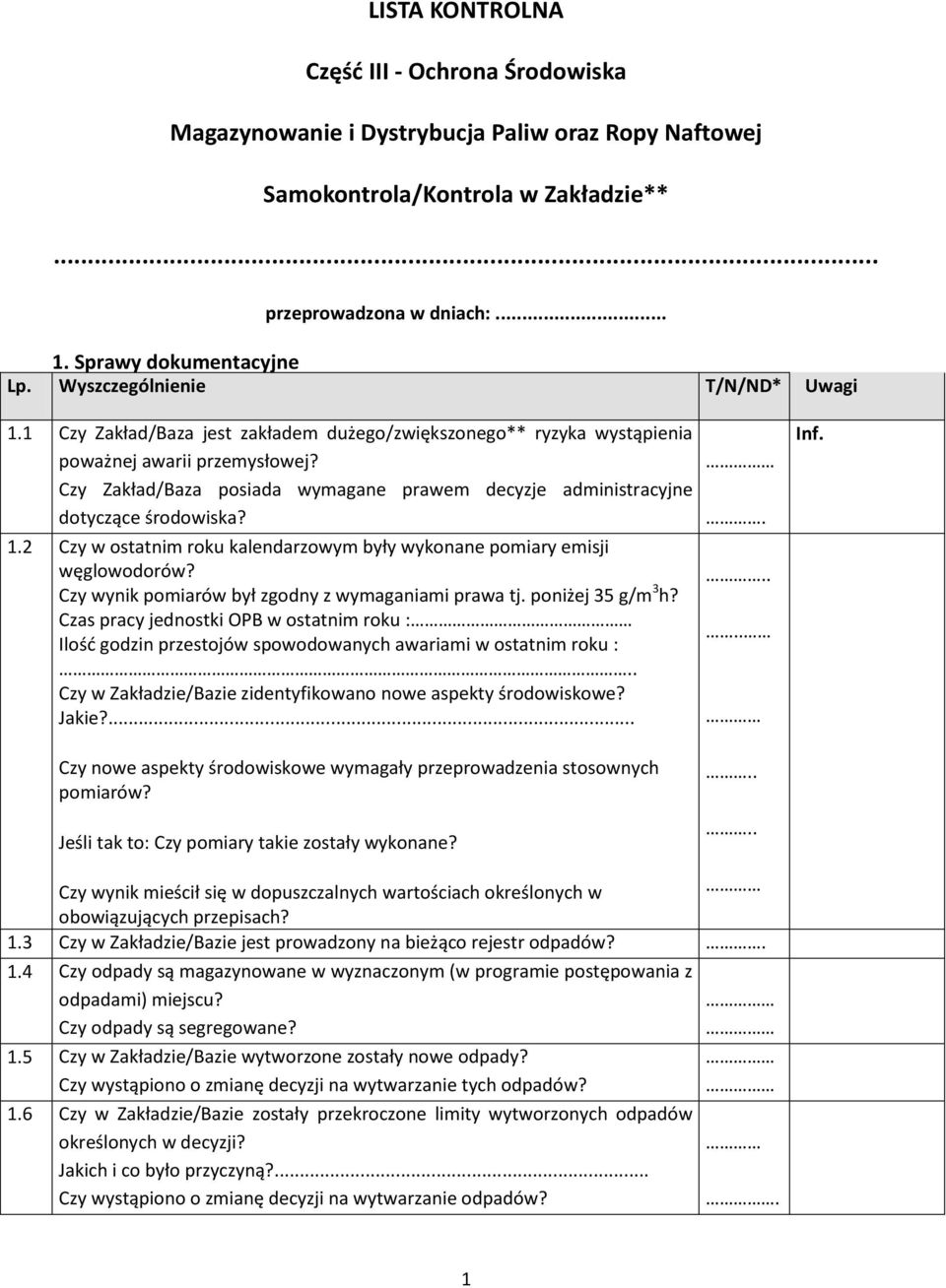2 Czy w ostatnim roku kalendarzowym były wykonane pomiary emisji węglowodorów? Czy wynik pomiarów był zgodny z wymaganiami prawa tj. poniżej 35 g/m 3 h?