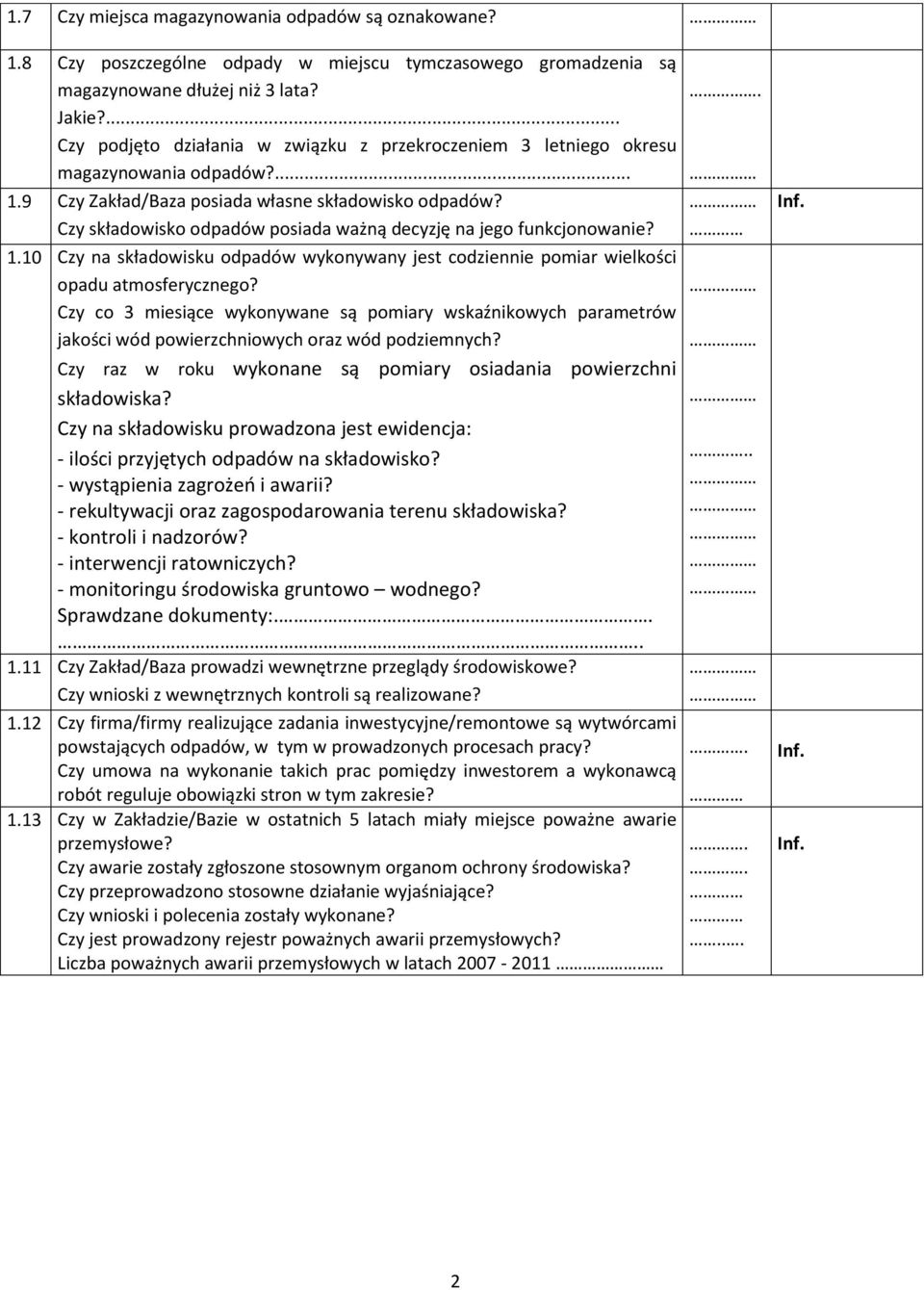 Czy składowisko odpadów posiada ważną decyzję na jego funkcjonowanie? 1.10 Czy na składowisku odpadów wykonywany jest codziennie pomiar wielkości opadu atmosferycznego?